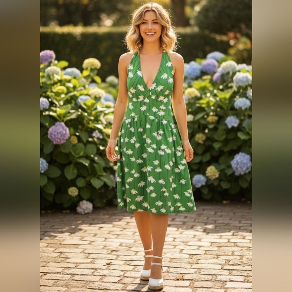 {Catherine Carr} 60s Women's Vintage Green Floral Print Apron Dress